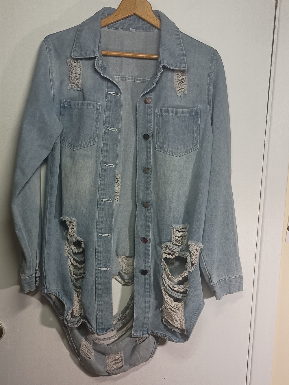 Light Wash Distressed Denim Shirt Jacket - Casual Longline Jean Jacket